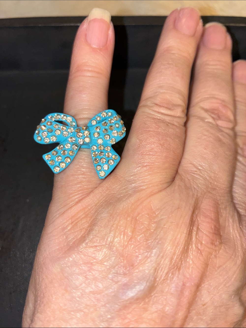 Bow Crystal Adjustable Ring in Turquoise Blue